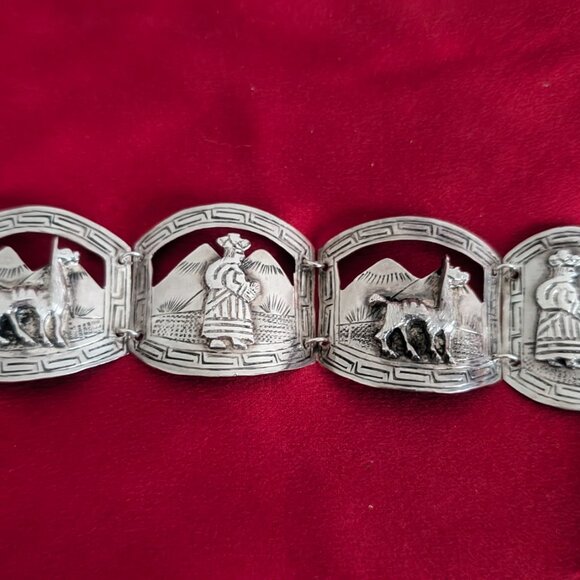 Estate Vintage Peruvian Lama Sterling Silver Five Panel Cuff Bracelet - Picture 7 of 10